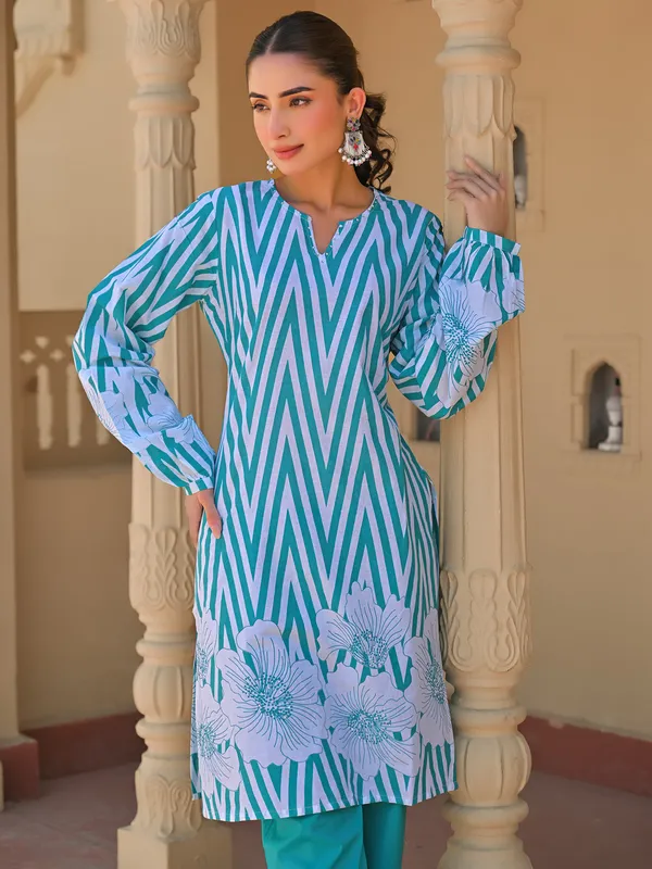 Mint green printed cotton kurti set