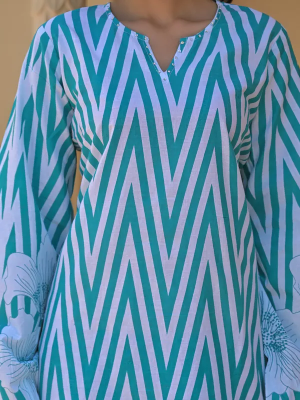 Mint green printed cotton kurti set