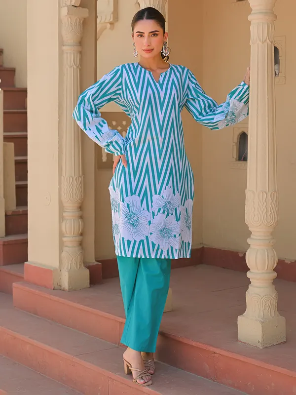 Mint green printed cotton kurti set