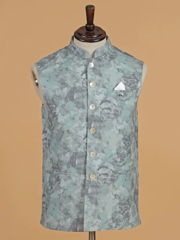 Mint green printed cotton waistcoat for men