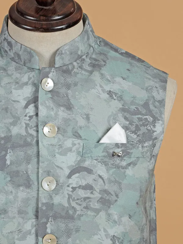 Mint green printed cotton waistcoat for men