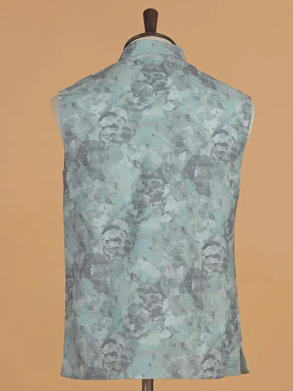 Mint green printed cotton waistcoat for men