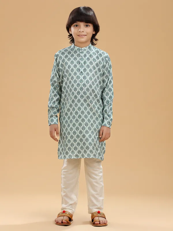 Mint green printed kurta suit in silk