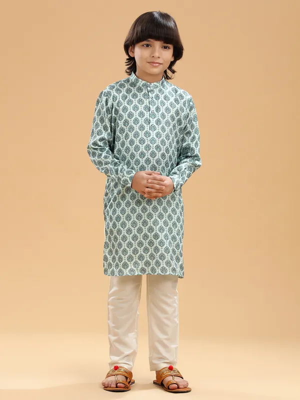 Mint green printed kurta suit in silk