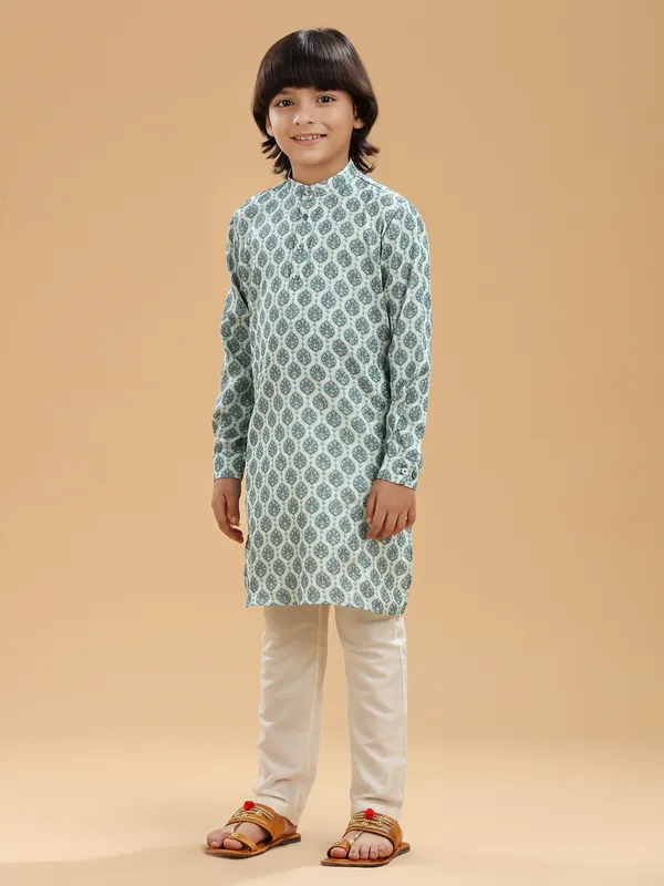 Mint green printed kurta suit in silk