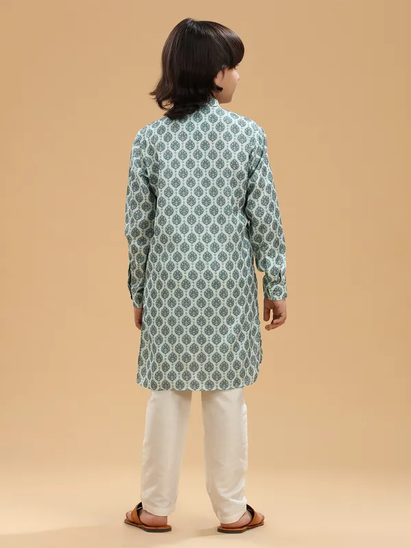 Mint green printed kurta suit in silk