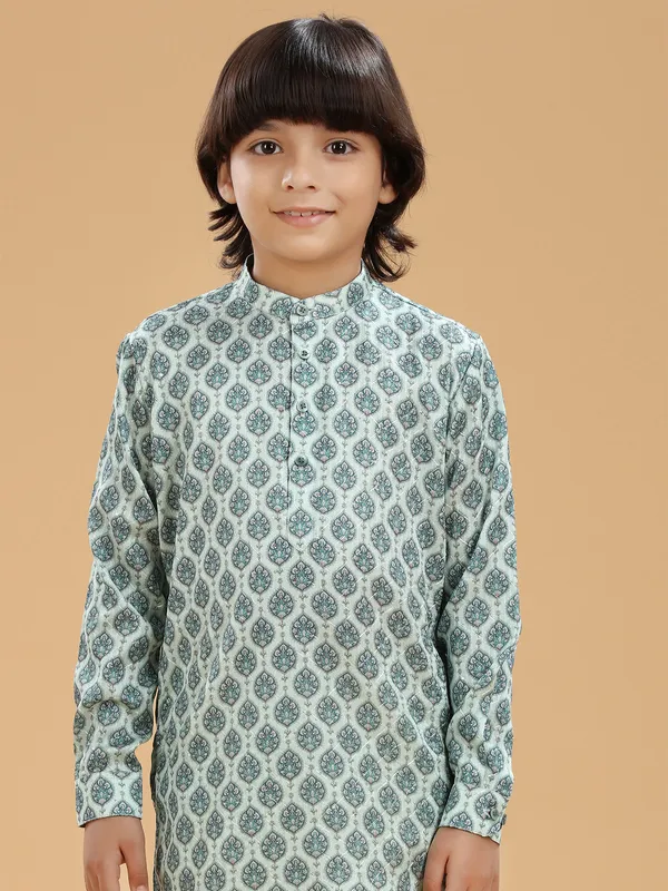 Mint green printed kurta suit in silk