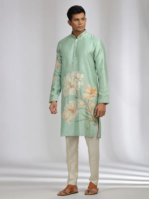 Mint green printed kurta suit with in tusser silk