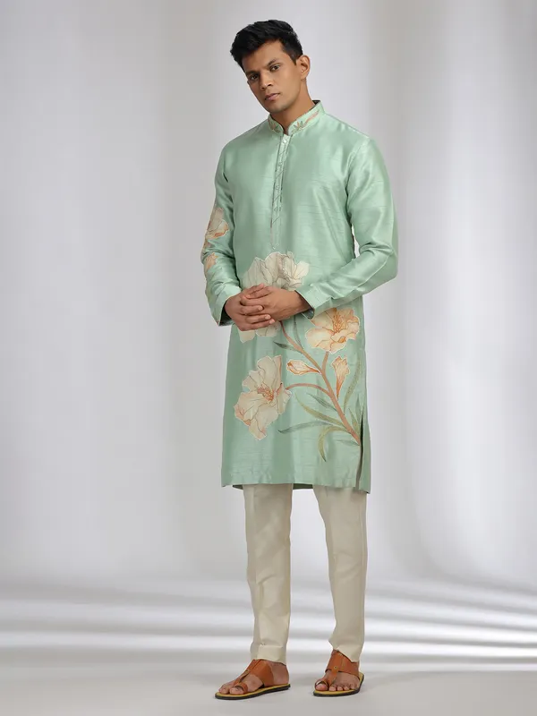 Mint green printed kurta suit with in tusser silk