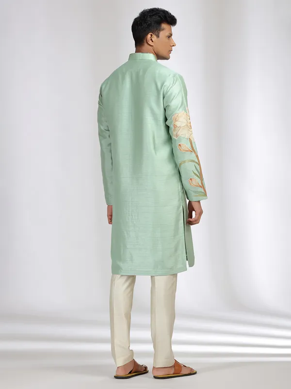 Mint green printed kurta suit with in tusser silk