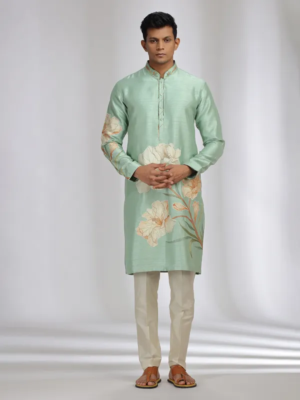 Mint green printed kurta suit with in tusser silk