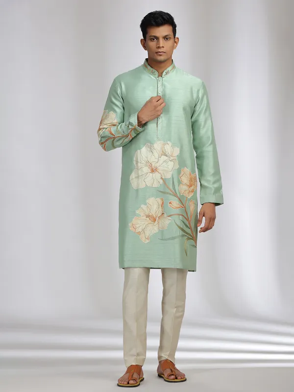 Mint green printed kurta suit with in tusser silk