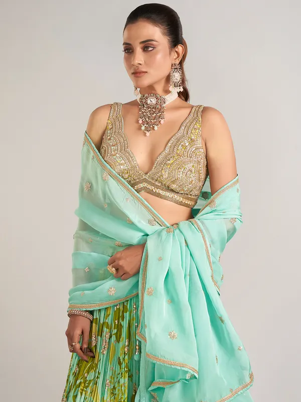 Mint green printed lehenga choli for wedding