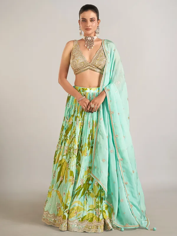 Mint green printed lehenga choli for wedding