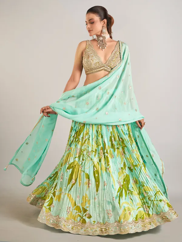 Mint green printed lehenga choli for wedding