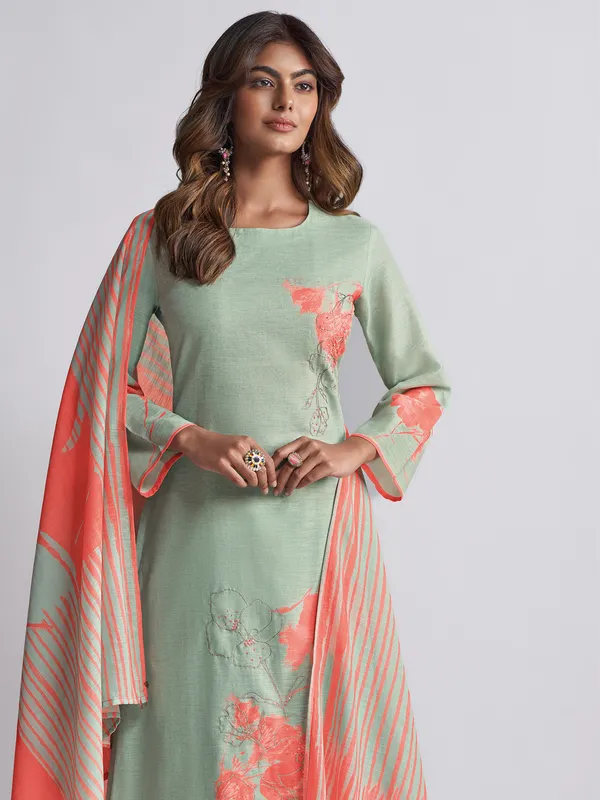 Mint green printed salwar suit in linen cotton