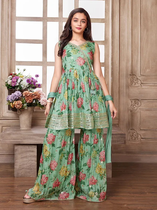 Mint green printed sharara suit in georgette