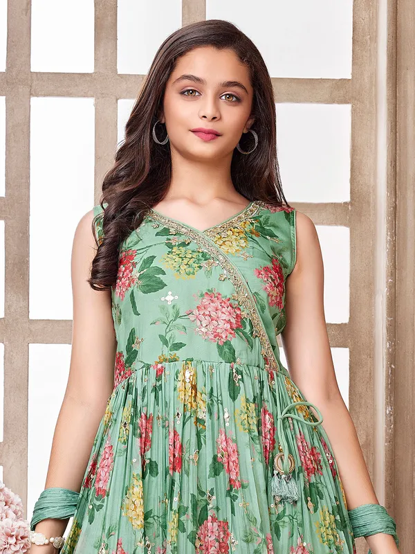 Mint green printed sharara suit in georgette