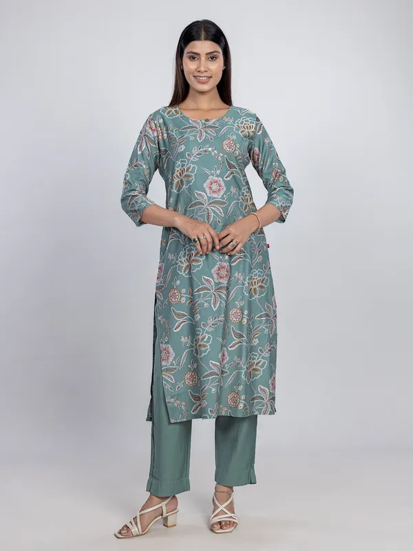 Mint green printed silk kurti for women