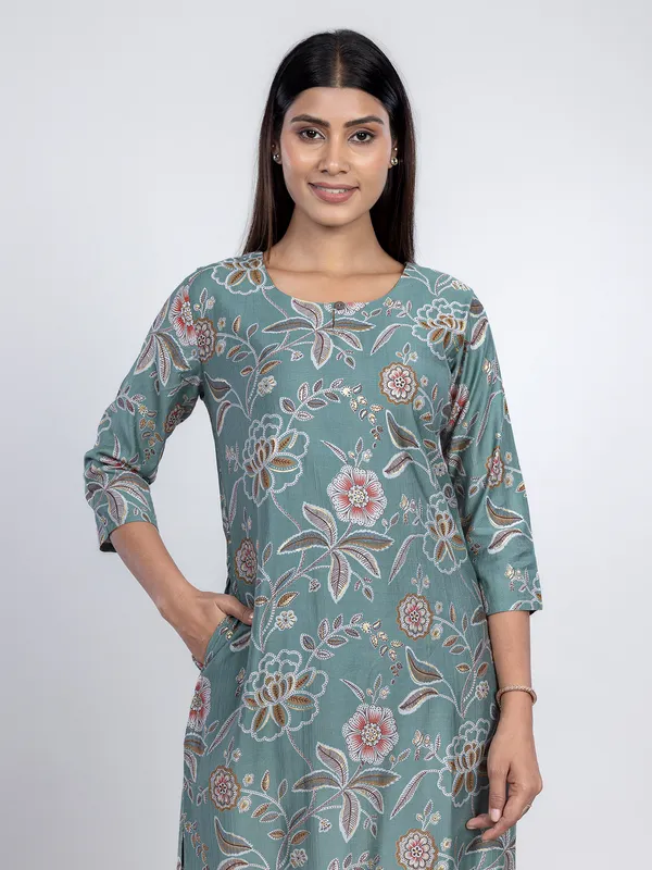 Mint green printed silk kurti for women