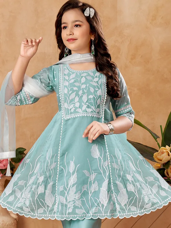 Mint green salwar suit with pants and dupatta for girls