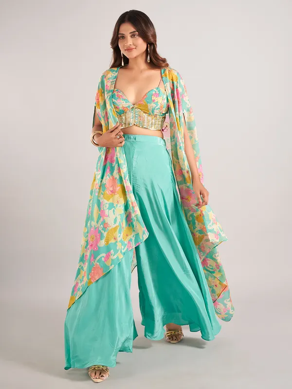Mint green satin silk wedding wear palazzo suit
