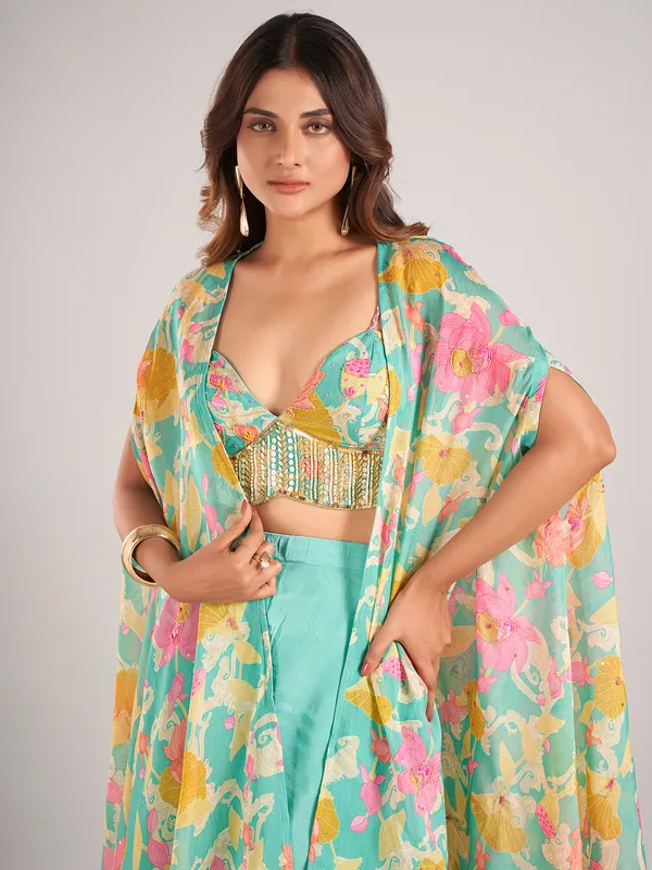 Mint green satin silk wedding wear palazzo suit