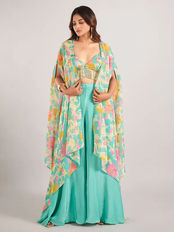 Mint green satin silk wedding wear palazzo suit