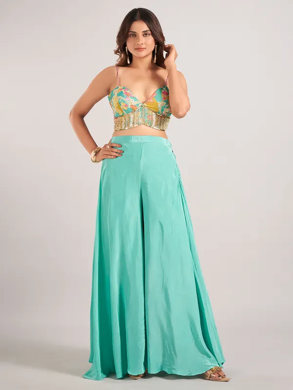 Mint green satin silk wedding wear palazzo suit