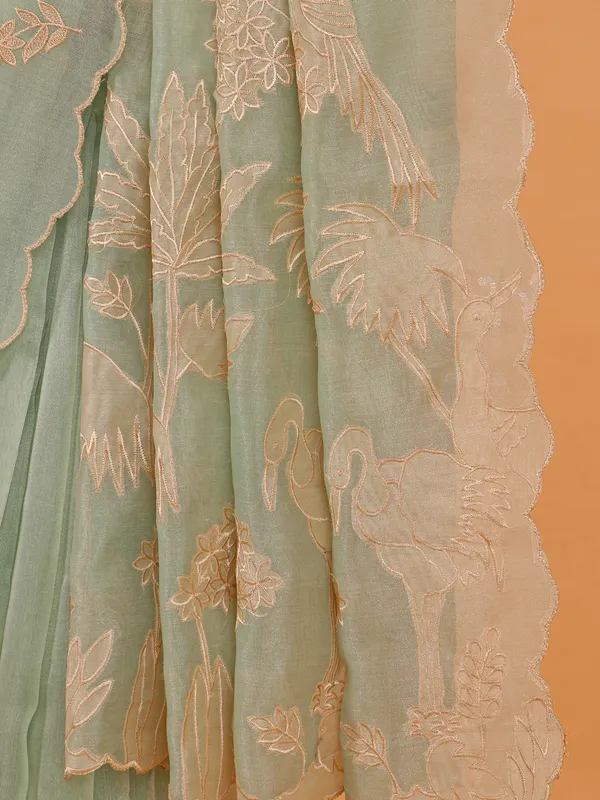 Mint green semi organza saree for festive