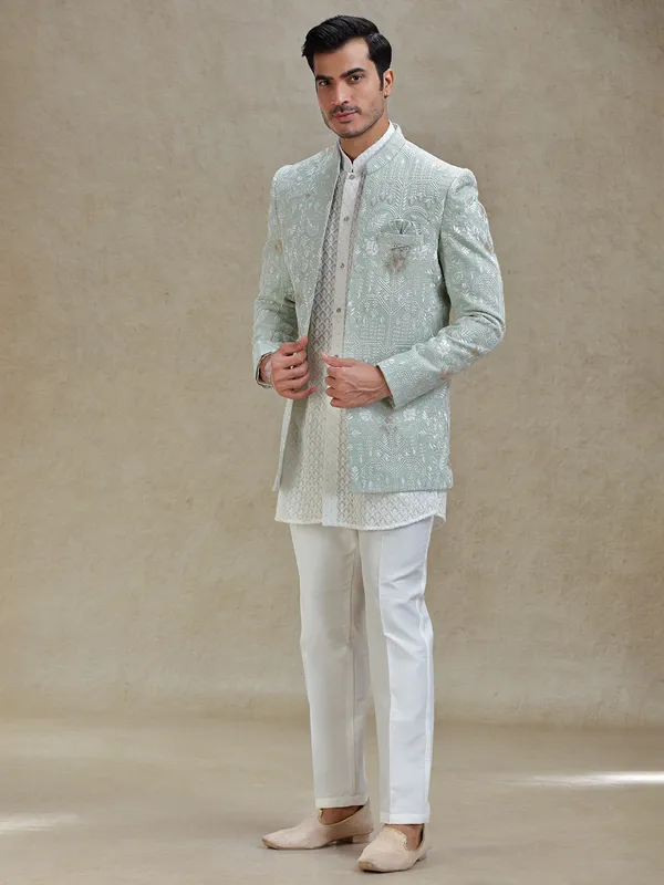 Mint green short jacket style indo western set in georgette