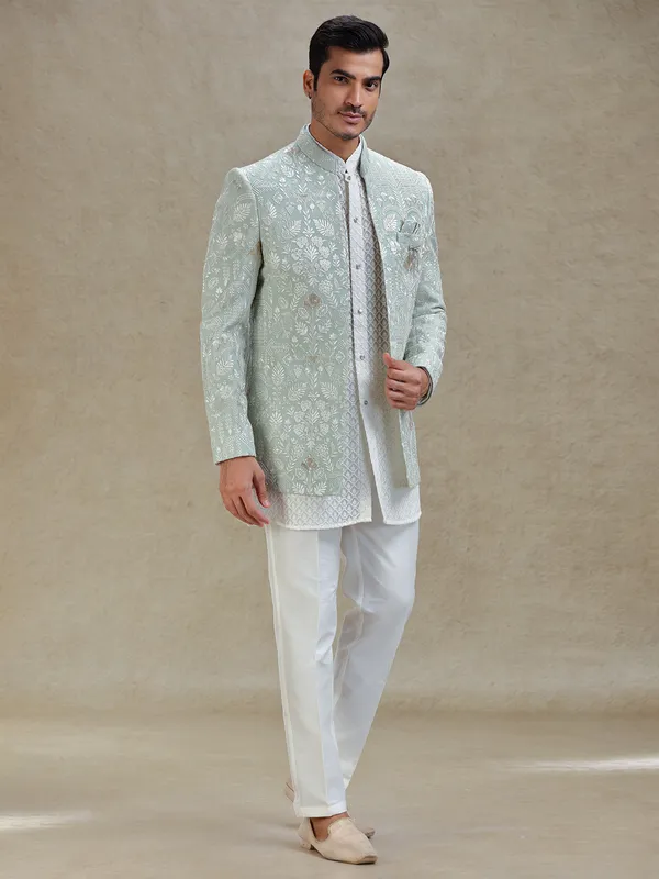 Mint green short jacket style indo western set in georgette