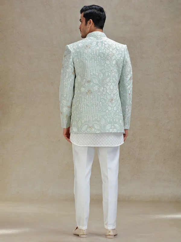 Mint green short jacket style indo western set in georgette