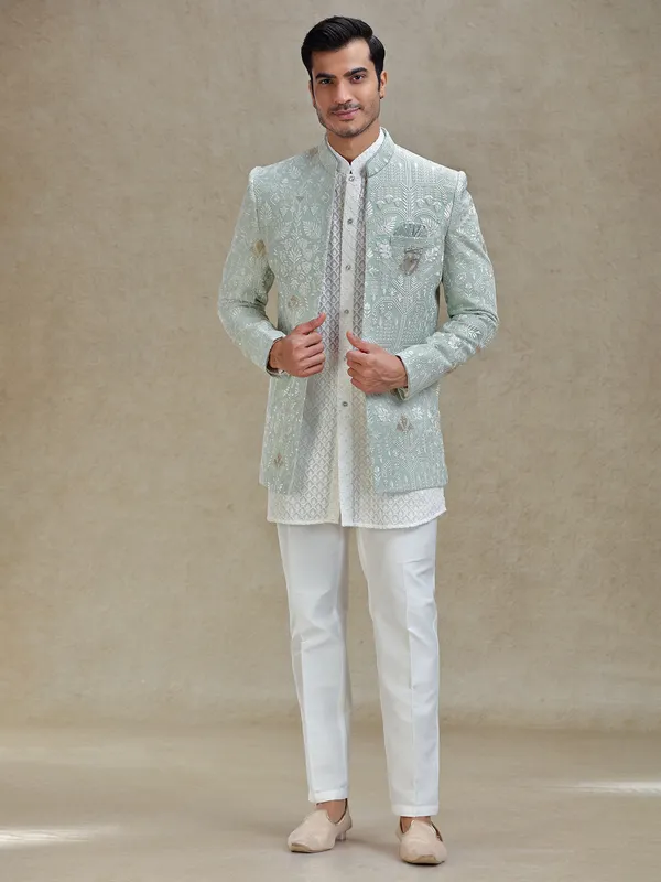 Mint green short jacket style indo western set in georgette
