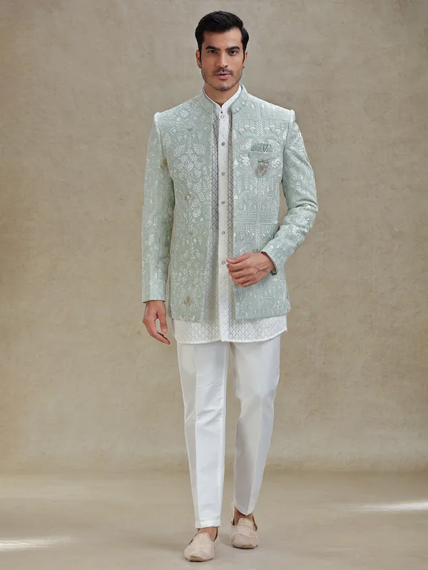 Mint green short jacket style indo western set in georgette