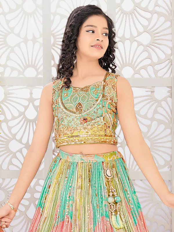 Mint green silk aabla work lehenga choli with dupatta