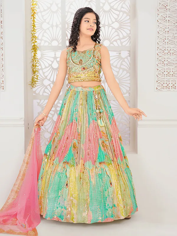 Mint green silk aabla work lehenga choli with dupatta
