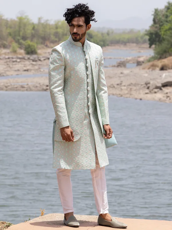 Mint green silk indowestern for wedding