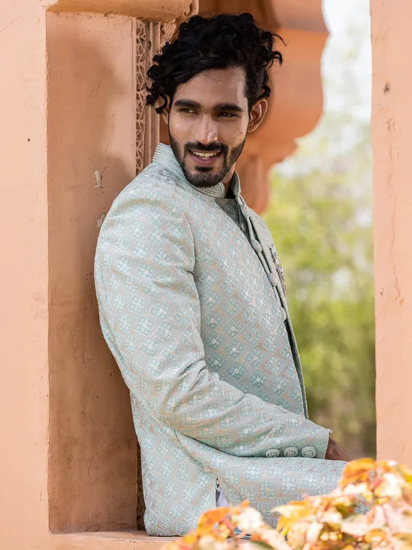 Mint green silk indowestern for wedding