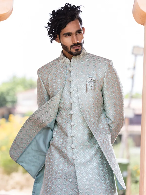 Mint green silk indowestern for wedding