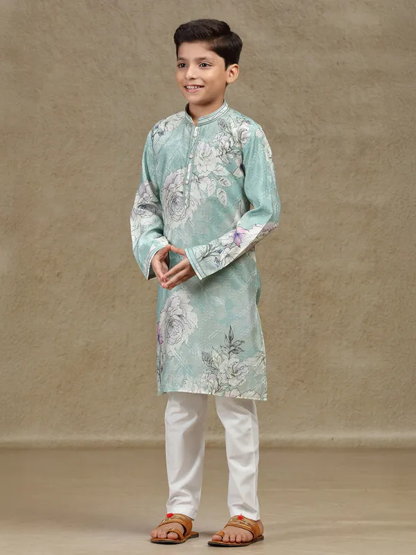 Mint green silk printed kurta suit for boys