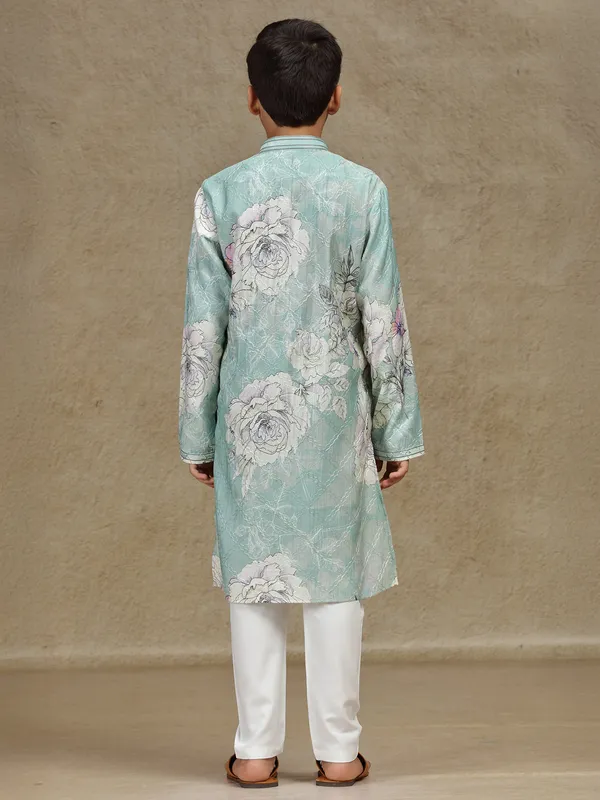 Mint green silk printed kurta suit for boys