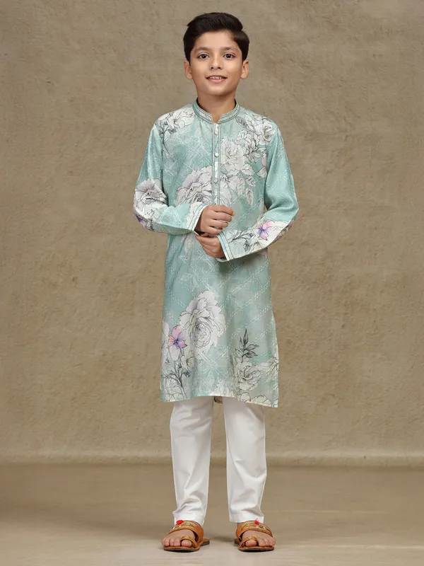 Mint green silk printed kurta suit for boys