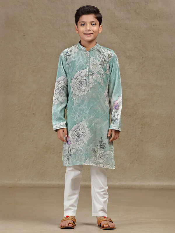 Mint green silk printed kurta suit for boys