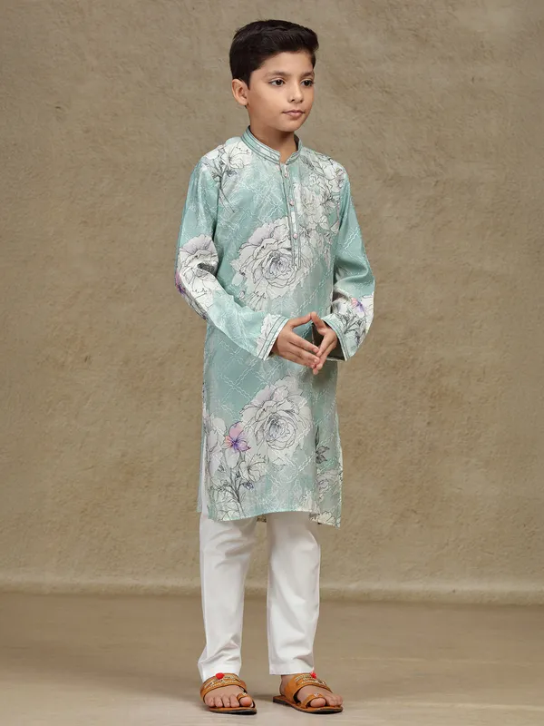 Mint green silk printed kurta suit for boys