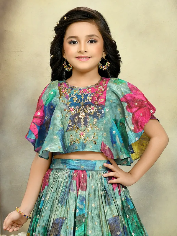 Mint green silk printed lehenga choli