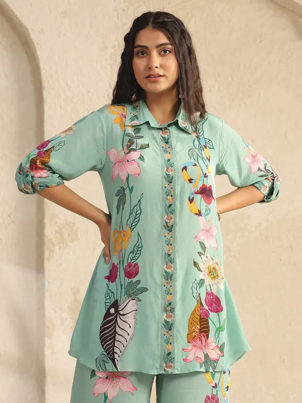 Mint green silk printed palazzo co ord set