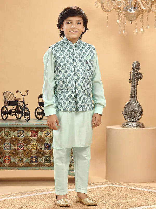 Mint green silk printed waistcoat set