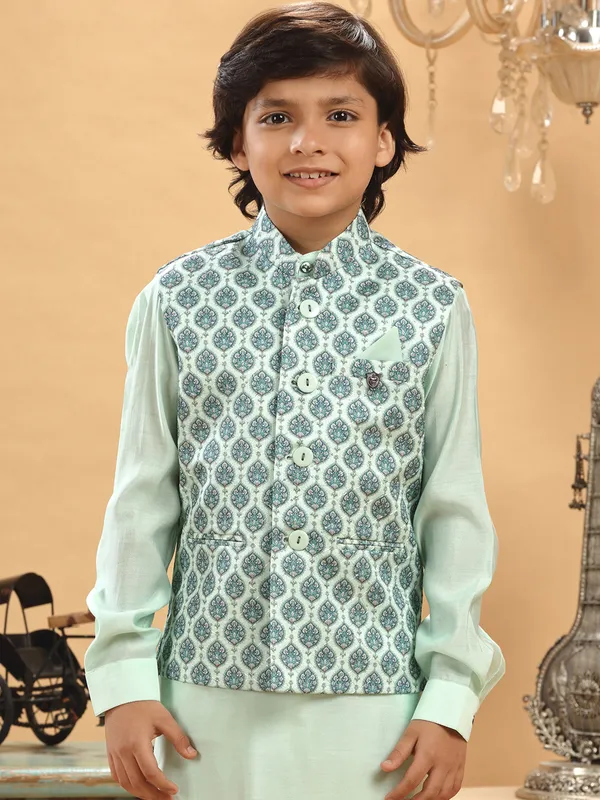 Mint green silk printed waistcoat set
