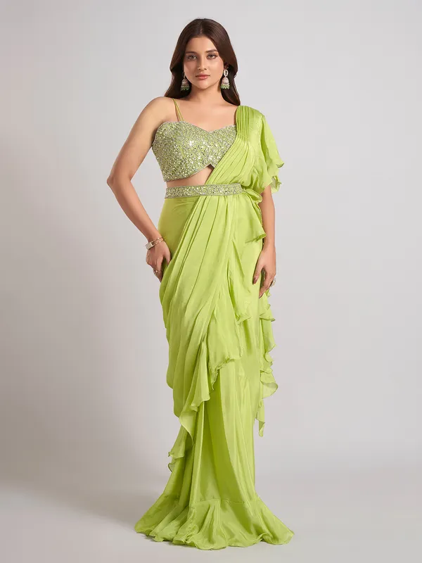 Mint green silk saree with ready made blouse